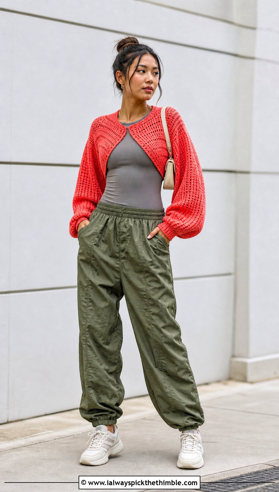 Balloon Sleeve Crochet Bolero Top With Parachute Pants - 20 crochet bolero top outfit ideas