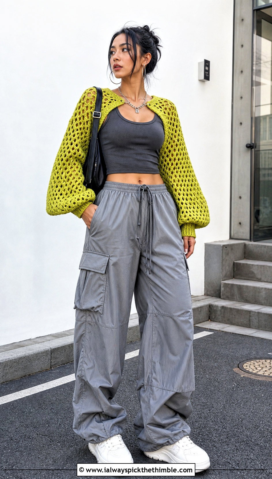Balloon Sleeve Crochet Bolero With Cargo Pants - 15 crochet spring summer bolero outfit ideas