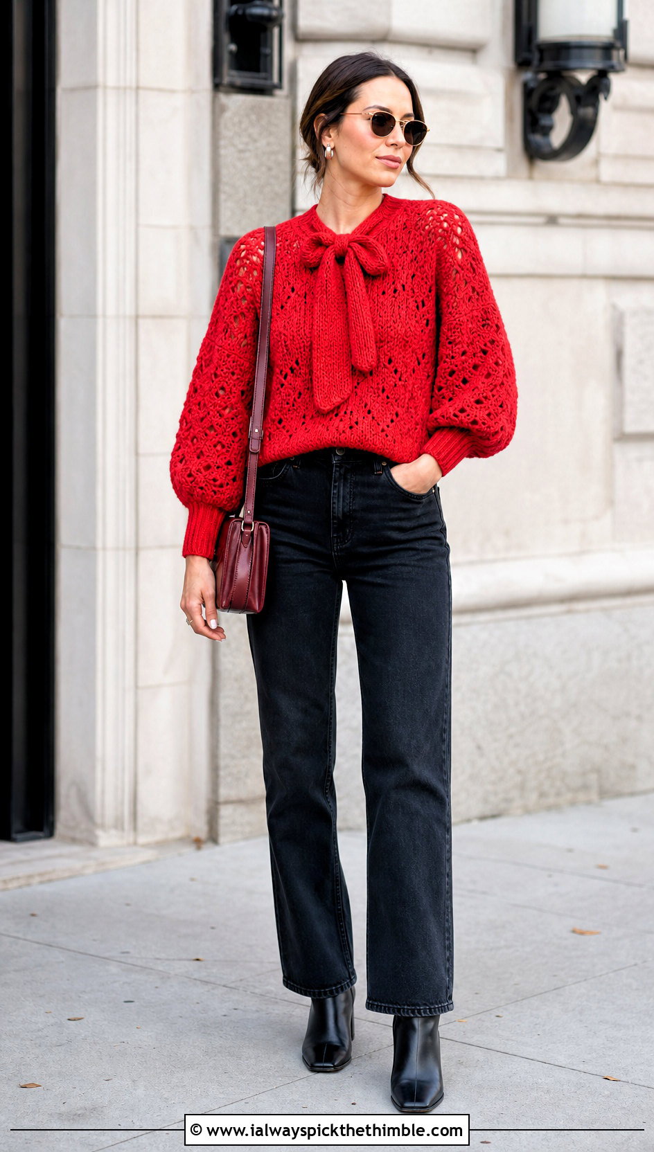 Balloon Sleeve Crochet Bow Sweater With Straight Leg Jeans - 20 crochet bow sweater outfit ideas