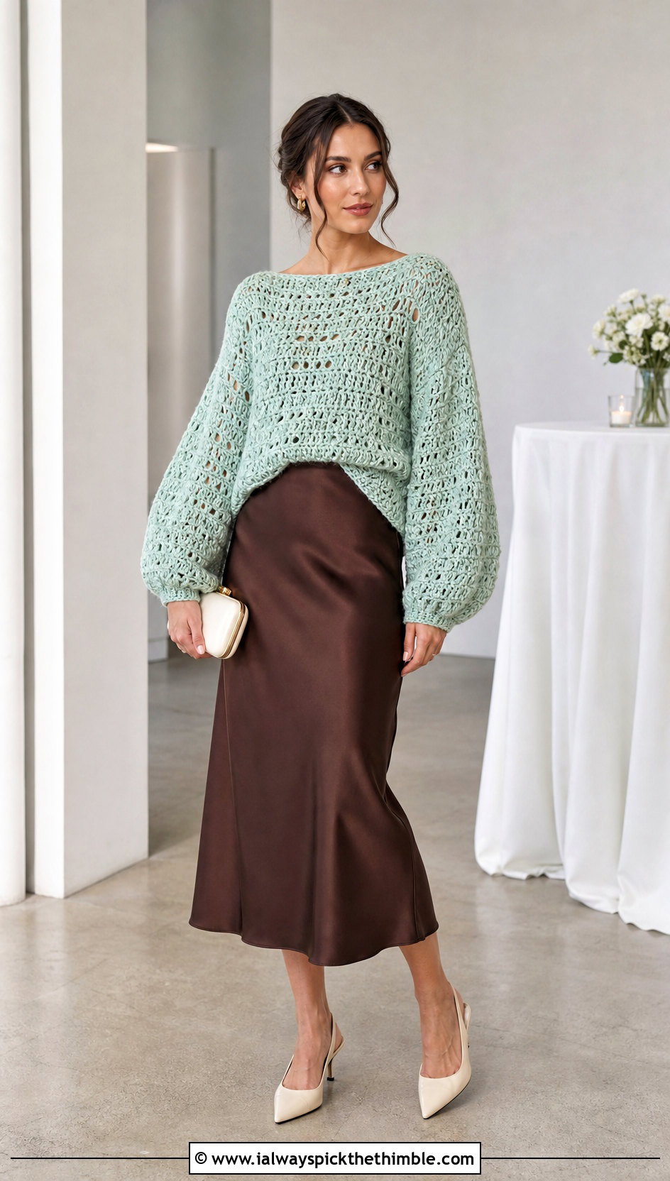 Balloon Sleeve Crochet Boyfriend Sweater With Satin Skirt - 20 crochet boyfriend sweater outfit ideas