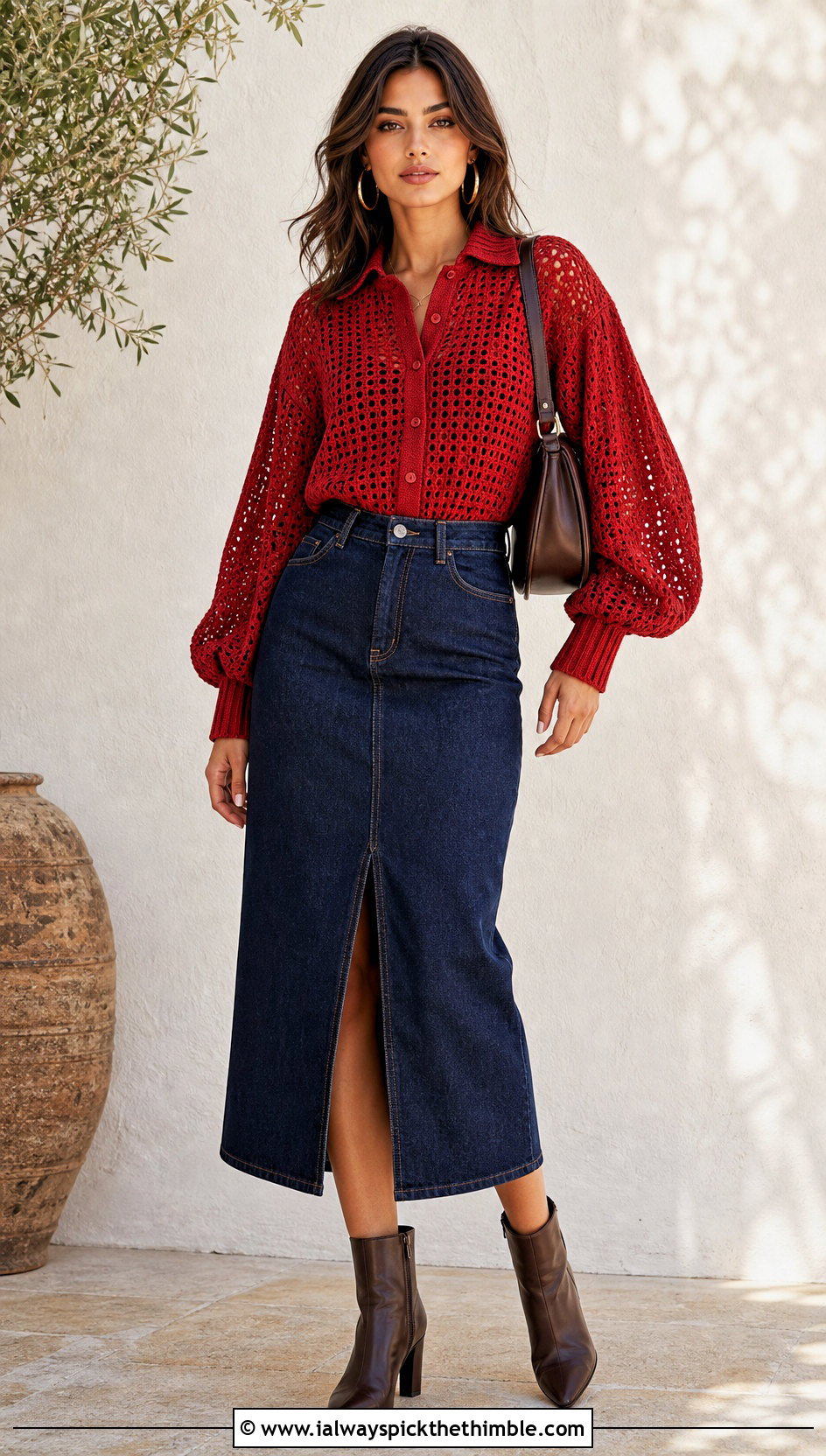 Balloon Sleeve Crochet Button Down Shirt With Denim Midi Skirt - 20 crochet button down shirt outfit ideas