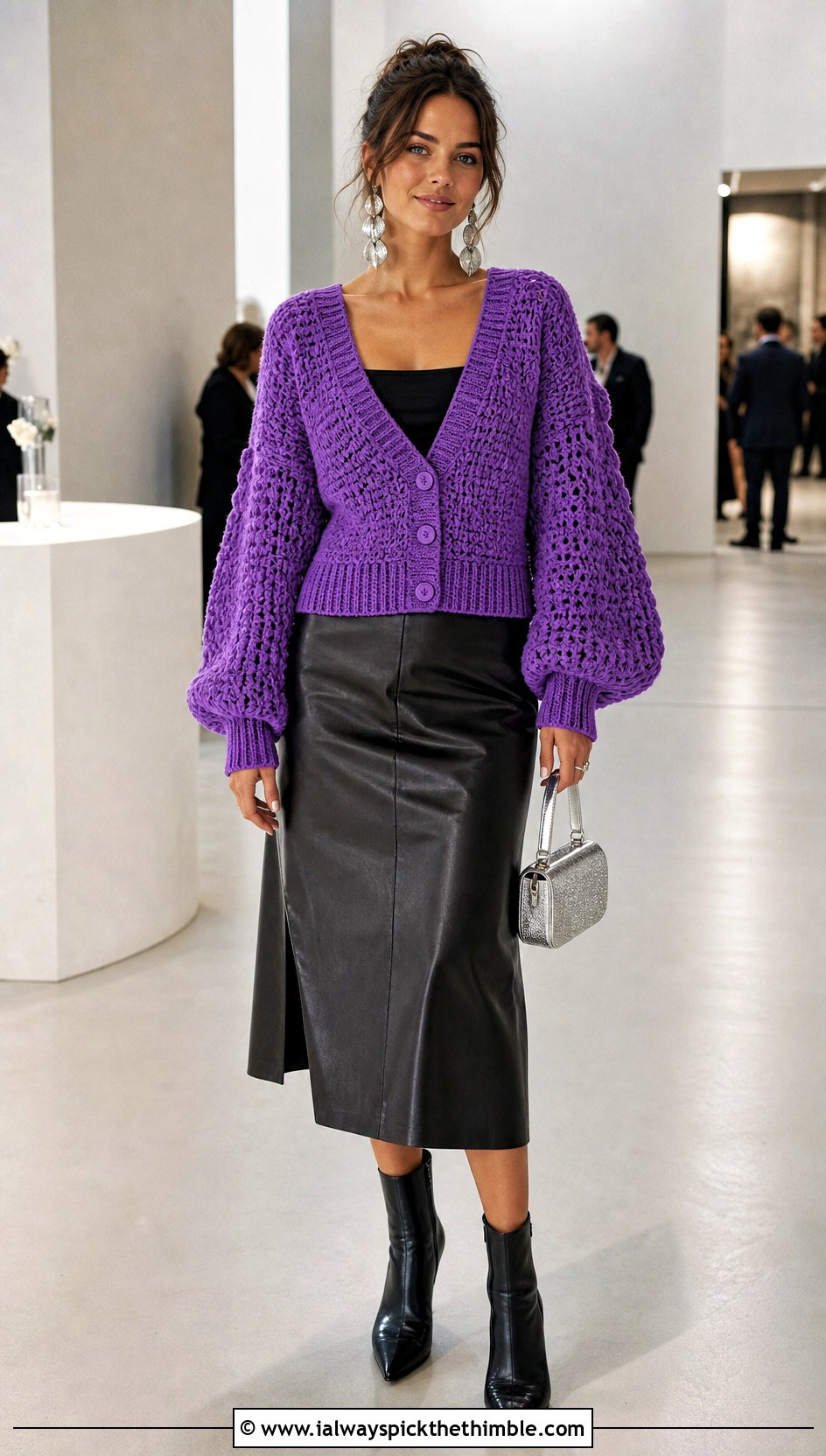 Balloon Sleeve Crochet Cardigan Sweater With Leather Midi Skirt - 15 Easy Crochet Cardigan Sweater outfit ideas