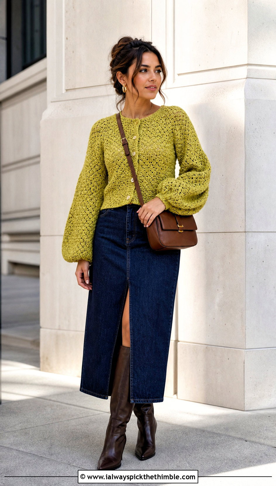 Balloon Sleeve Crochet Cardigan With Denim Midi Skirt - 20 crochet valentine sweater outfit ideas