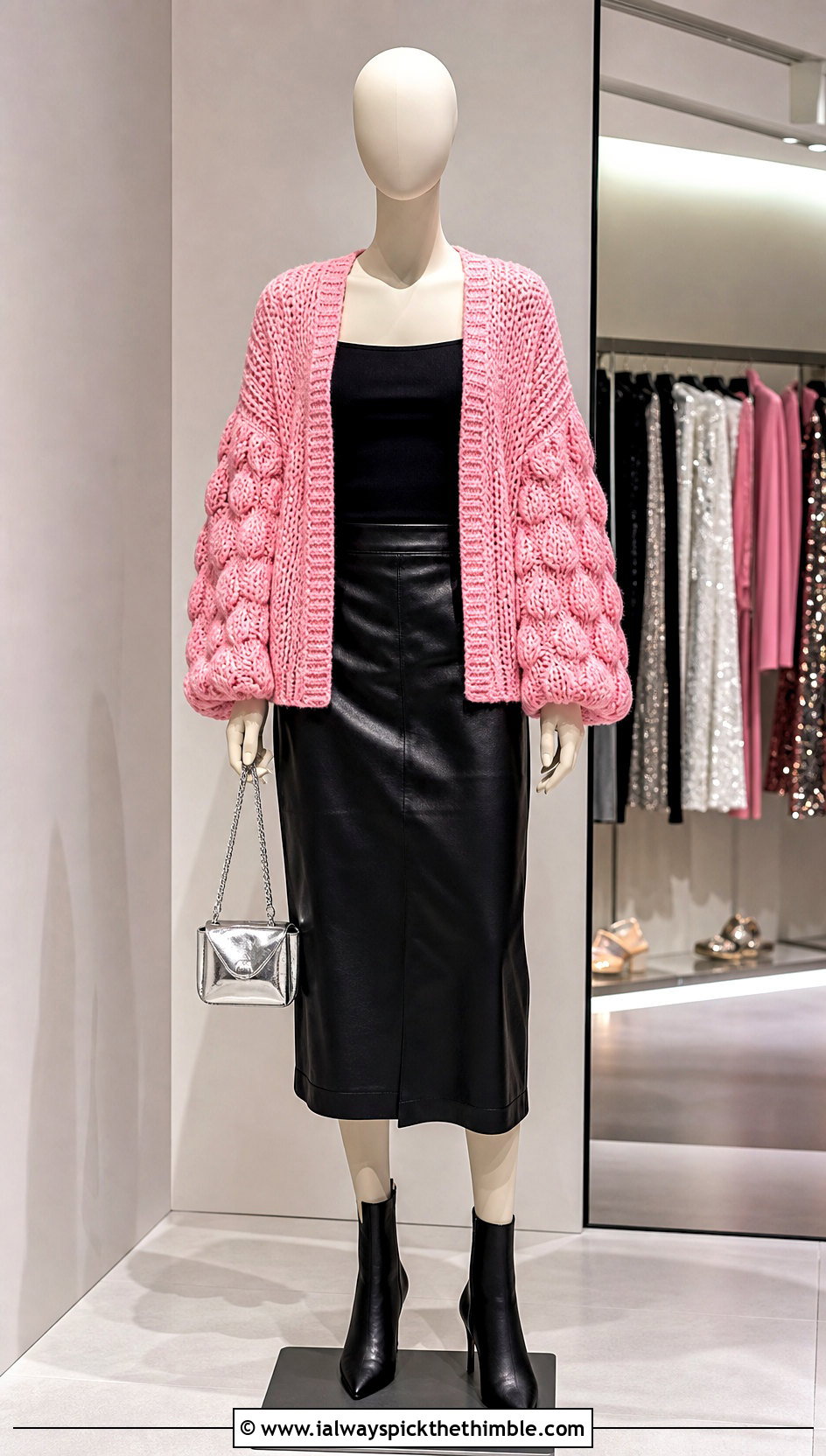 Balloon Sleeve Crochet Cardigan With Leather Midi Skirt - 15 Crochet Cardigan On Mannequin outfit ideas