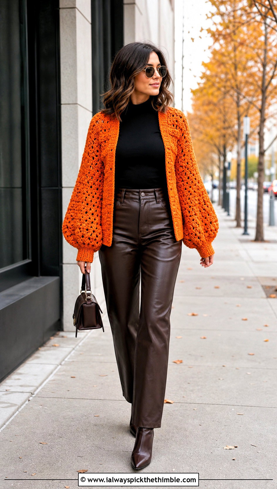 Balloon Sleeve Crochet Cardigan With Leather Pants - 20 Autumn Crochet Cardigan outfit ideas