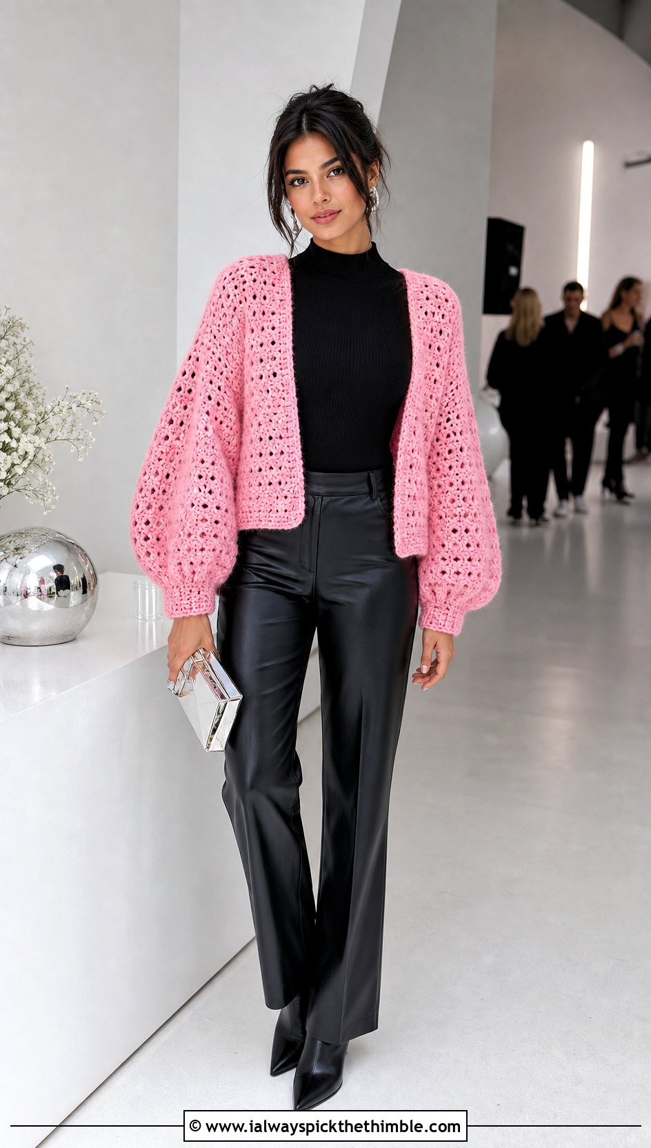 Balloon Sleeve Crochet Cardigan With Leather Pants - 20 Crochet Cardigan Outfit Aesthetic outfit ideas