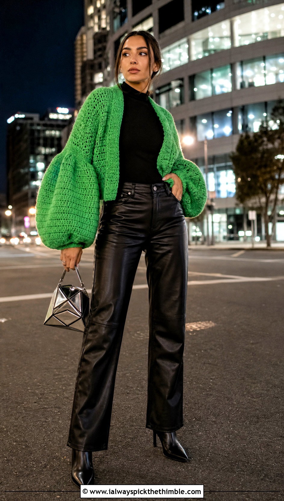 Balloon Sleeve Crochet Cardigan With Leather Pants - 20 fast crochet cardigan outfit ideas