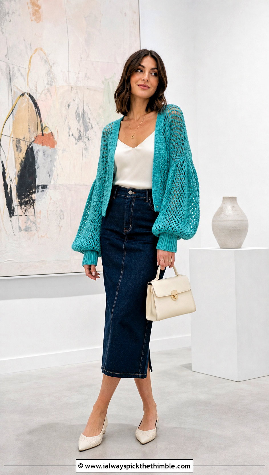 Balloon Sleeve Crochet Cardigan With Pencil Skirt - 25 beginner crochet cardigan outfit ideas