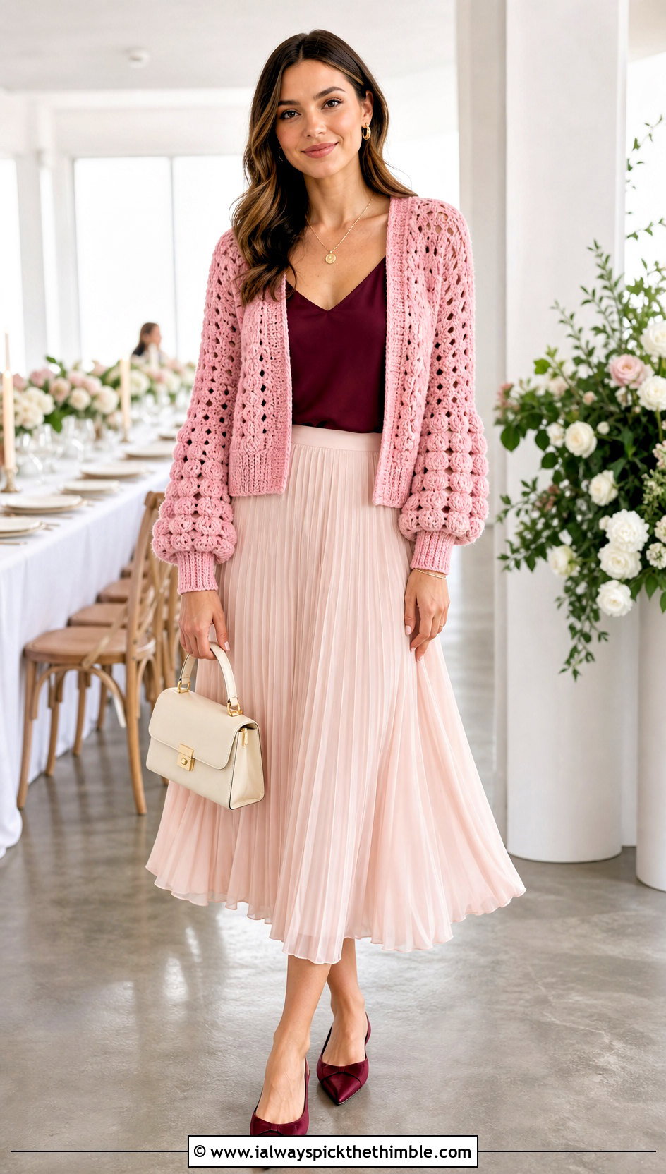 Balloon Sleeve Crochet Cardigan With Pleated Skirt - 25 crochet long sweater outfit ideas