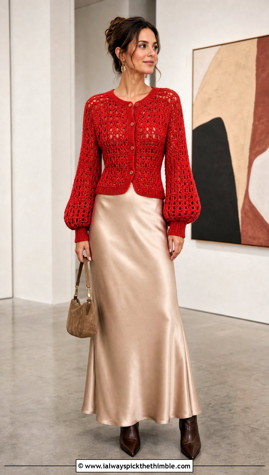 Balloon Sleeve Crochet Cardigan With Satin Maxi Skirt - 15 Aesthetic Crochet Cardigan outfit ideas