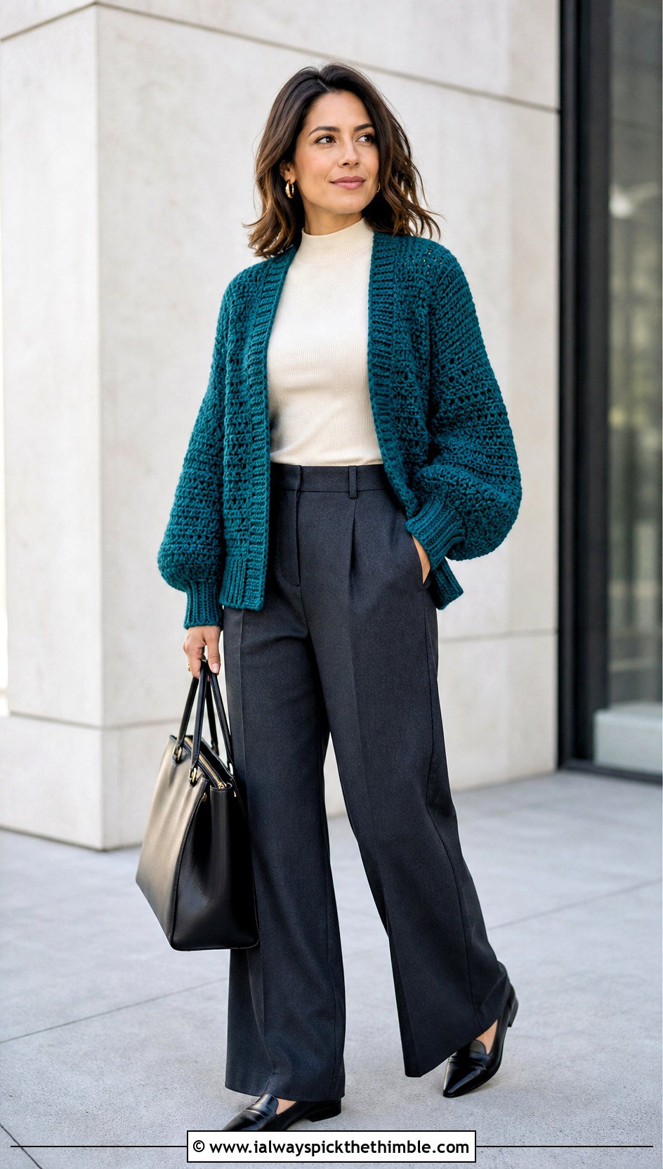 Balloon Sleeve Crochet Cardigan With Tailored Trousers - 25 fall crochet cardigan outfit ideas
