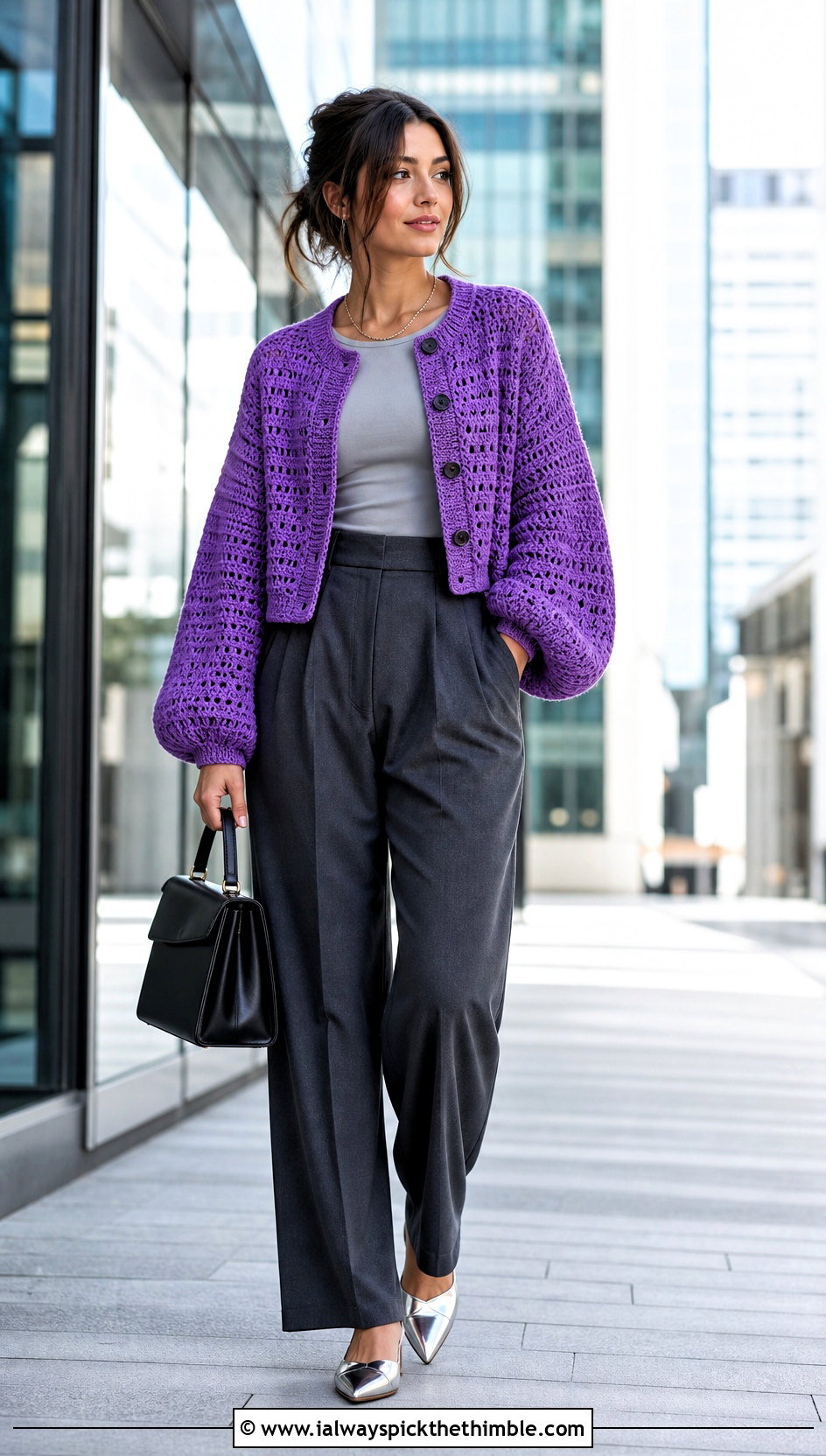 Balloon Sleeve Crochet Cardigan With Tailored Trousers - 25 crocheted cardigan outfit ideas