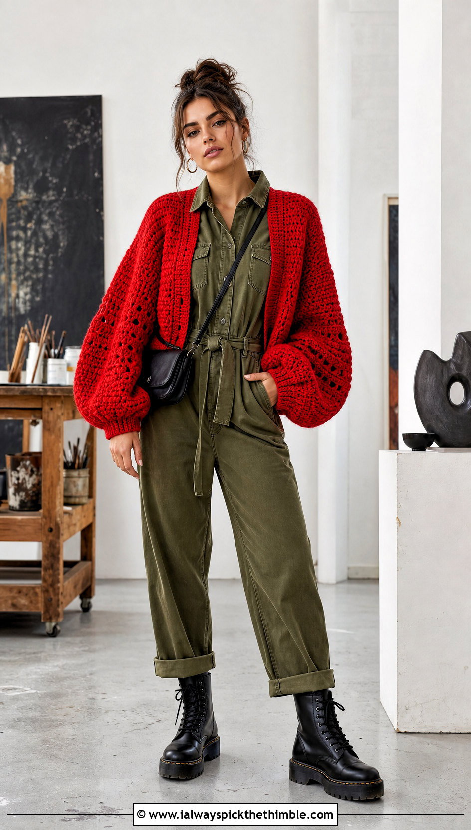 Balloon Sleeve Crochet Cardigan With Utility Jumpsuit - 20 witchy crochet cardigan outfit ideas