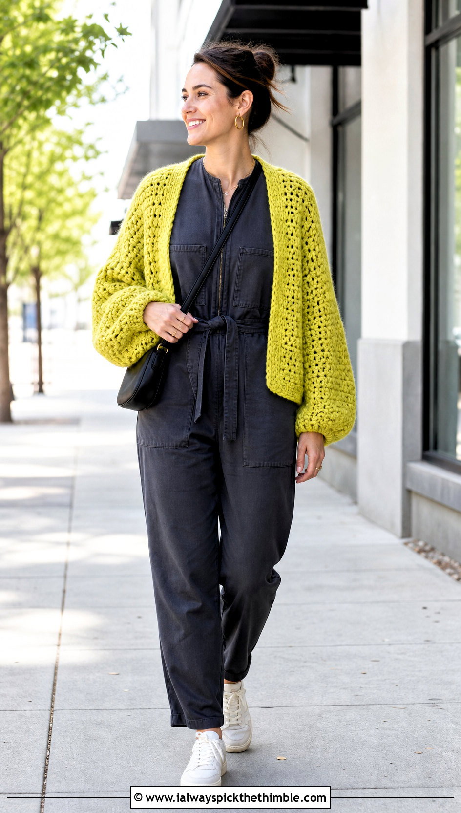 Balloon Sleeve Crochet Cardigan With Utility Jumpsuit - 15 classic crochet cardigan outfit ideas