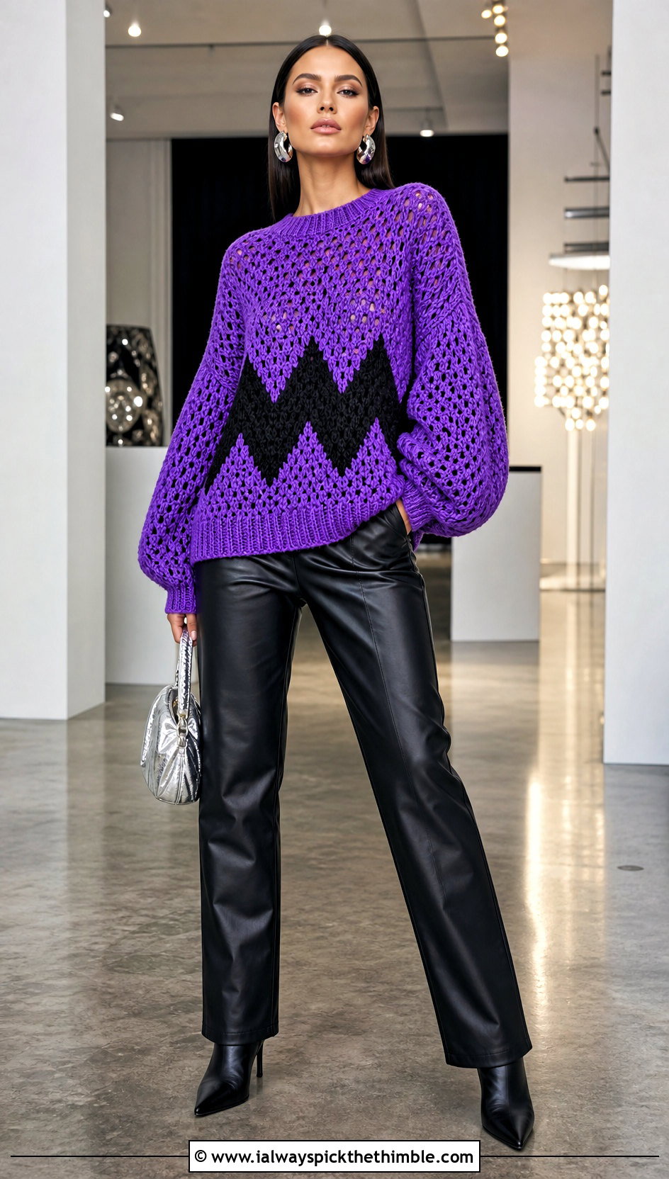 Balloon Sleeve Crochet Charlie Brown Sweater With Leather Pants - 15 Crochet Charlie Brown Sweater outfit ideas