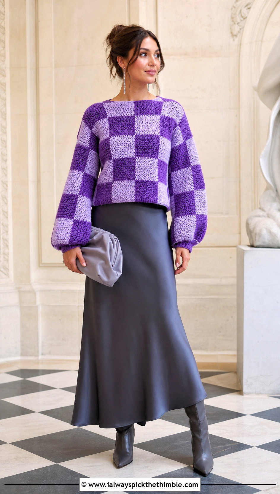 Balloon Sleeve Crochet Checker Sweater With Maxi Skirt - 20 Crochet Checker Sweater outfit ideas