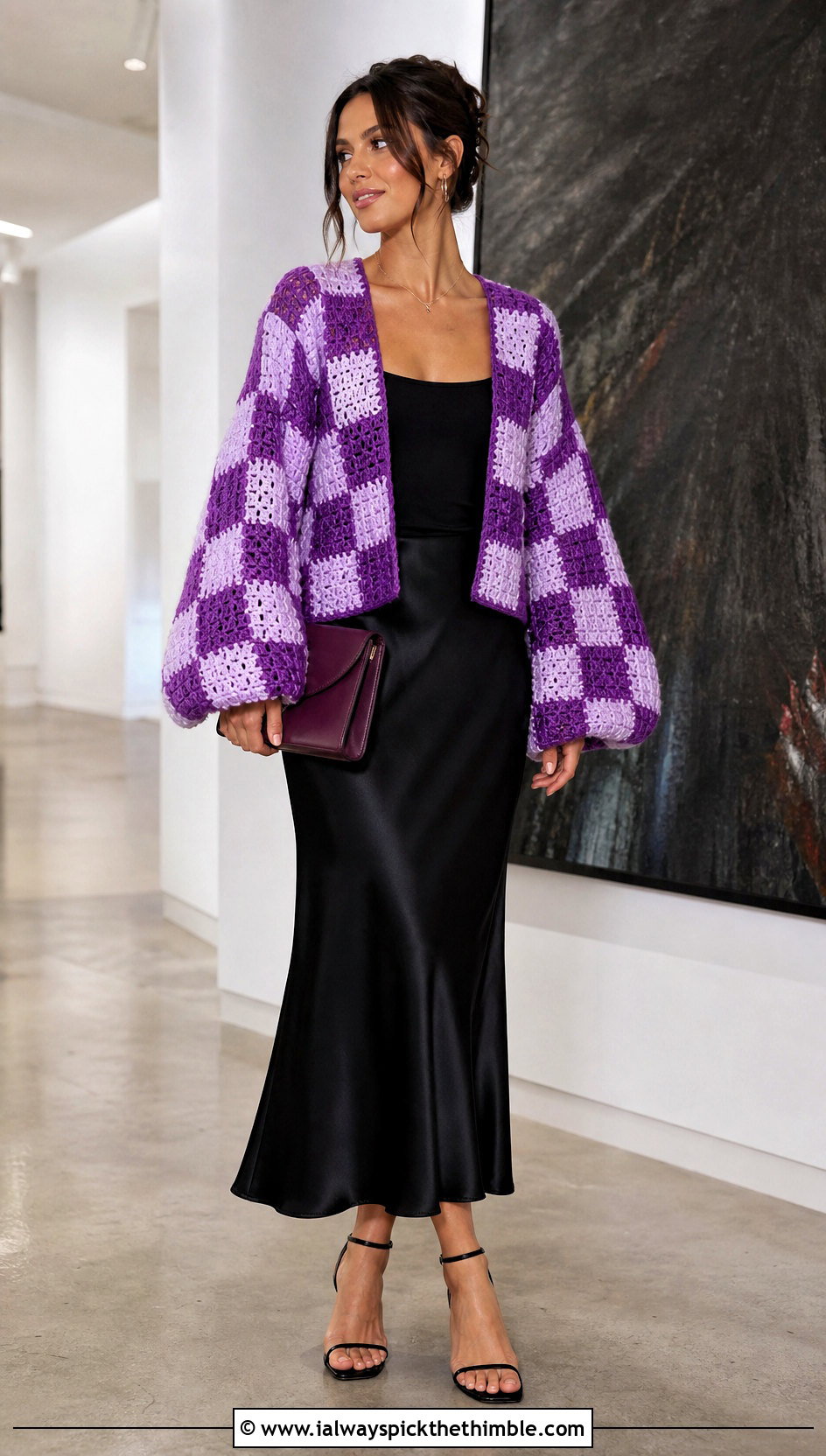 Balloon Sleeve Crochet Checkered Cardigan With Satin Slip Skirt - 25 crochet checkered cardigan outfit ideas