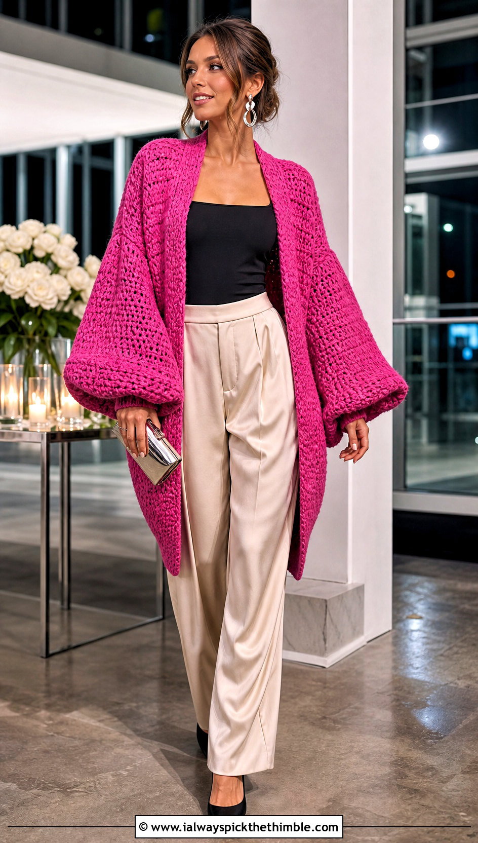 Balloon Sleeve Crochet Cocoon Cardigan With Satin Pants - 15 Easy Crochet Cocoon Cardigan outfit ideas