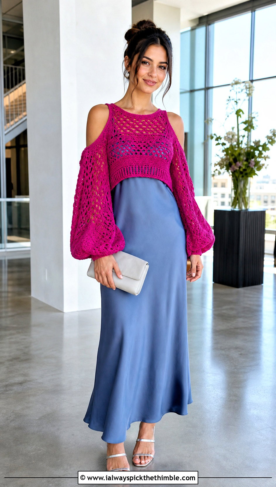 Balloon Sleeve Crochet Cold Shoulder Top Over A Slip Dress - 25 crochet cold shoulder top outfit ideas