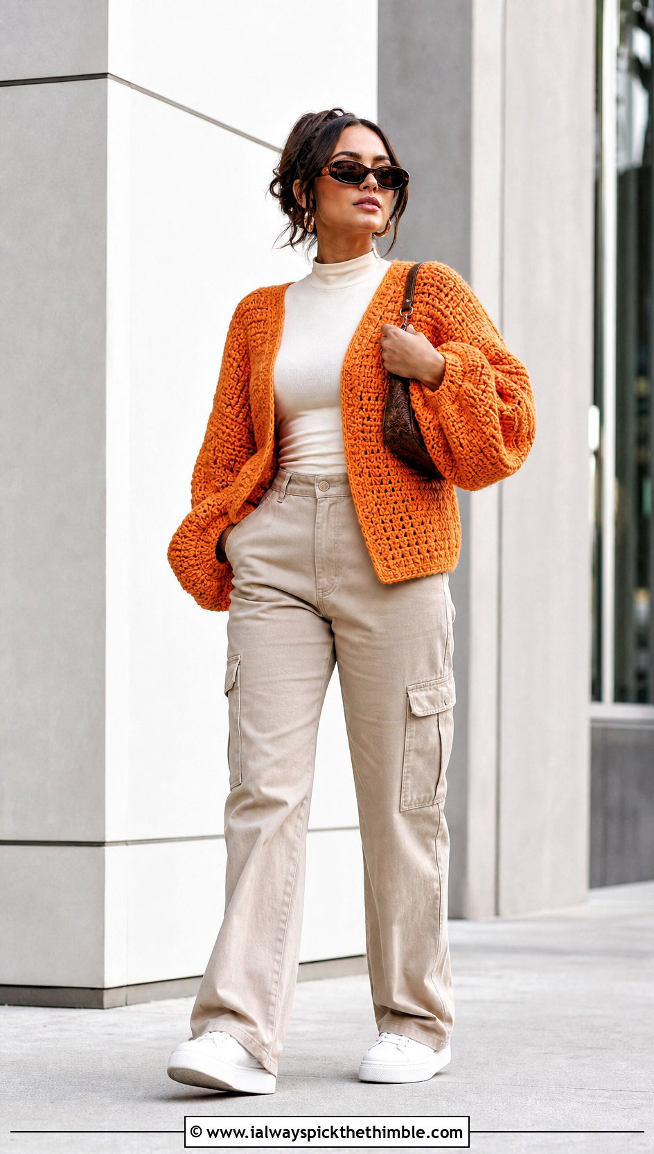 Balloon Sleeve Crochet Couch Sweater With Cargo Pants - 15 Crochet Couch Sweater outfit ideas