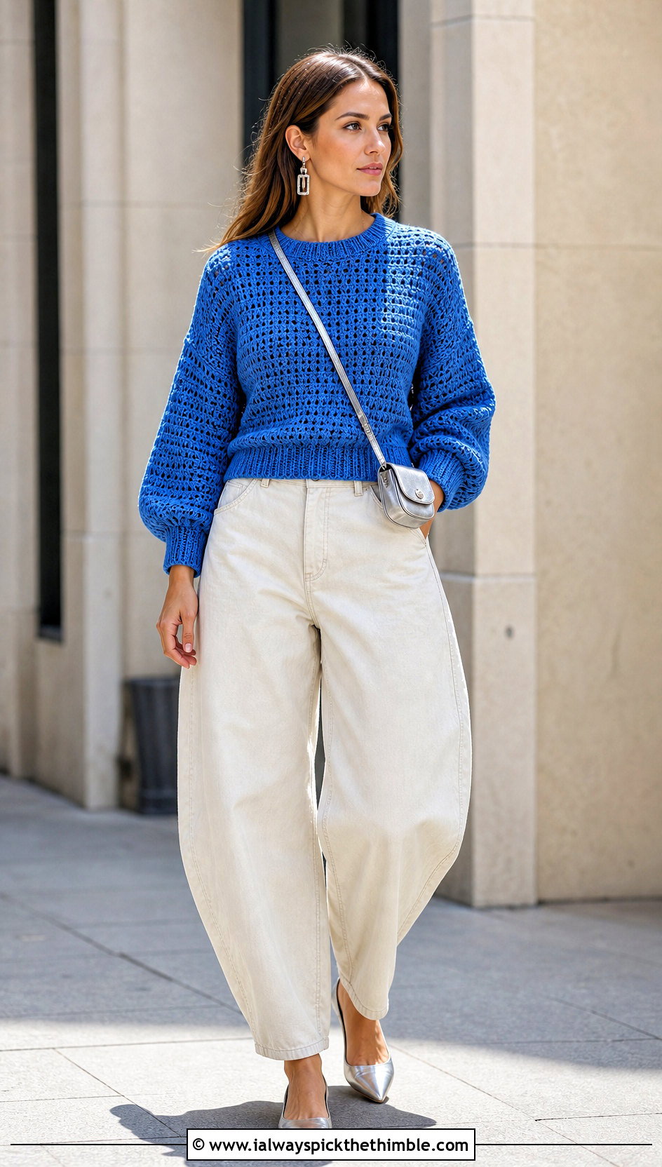 Balloon Sleeve Crochet Crewneck Sweater With Barrel Jeans - 20 crochet crewneck sweater outfit ideas