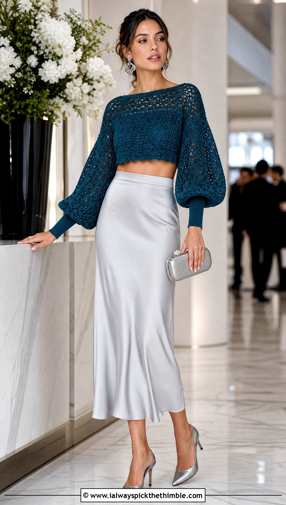 Balloon Sleeve Crochet Crop Top With Satin Midi Skirt - 15 crochet crop top with sleeves outfit ideas