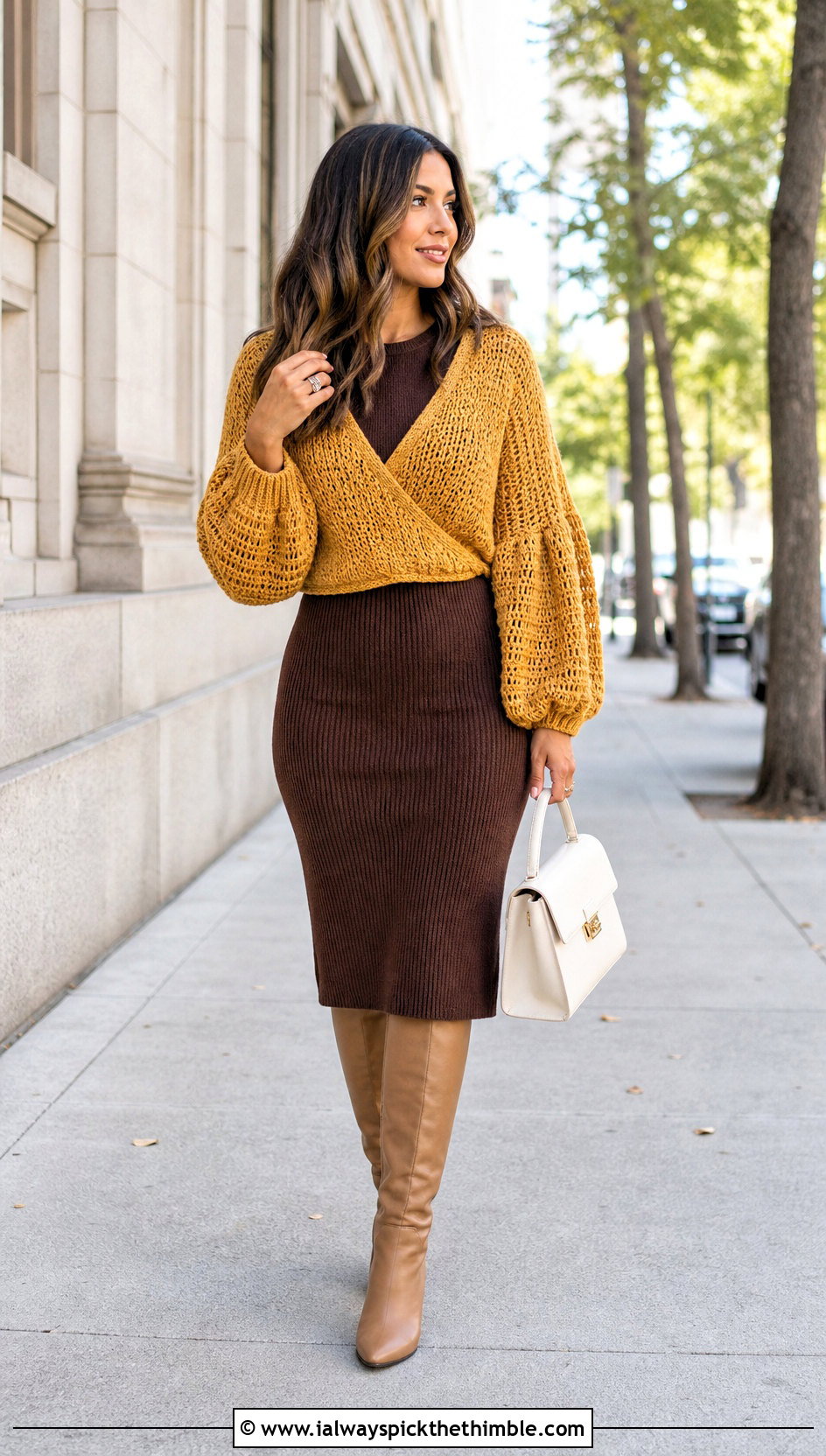 Balloon Sleeve Crochet Crossover Sweater With Knit Midi Dress - 15 Crochet Crossover Sweater outfit ideas