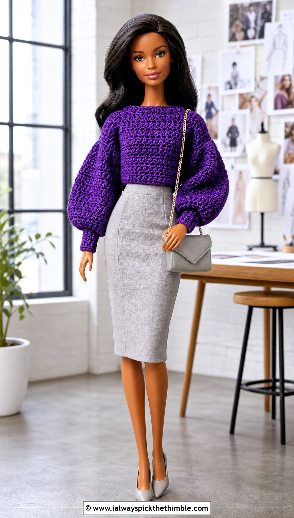 Balloon Sleeve Crochet Doll Sweater With Pencil Skirt - 25 crochet doll sweater outfit ideas