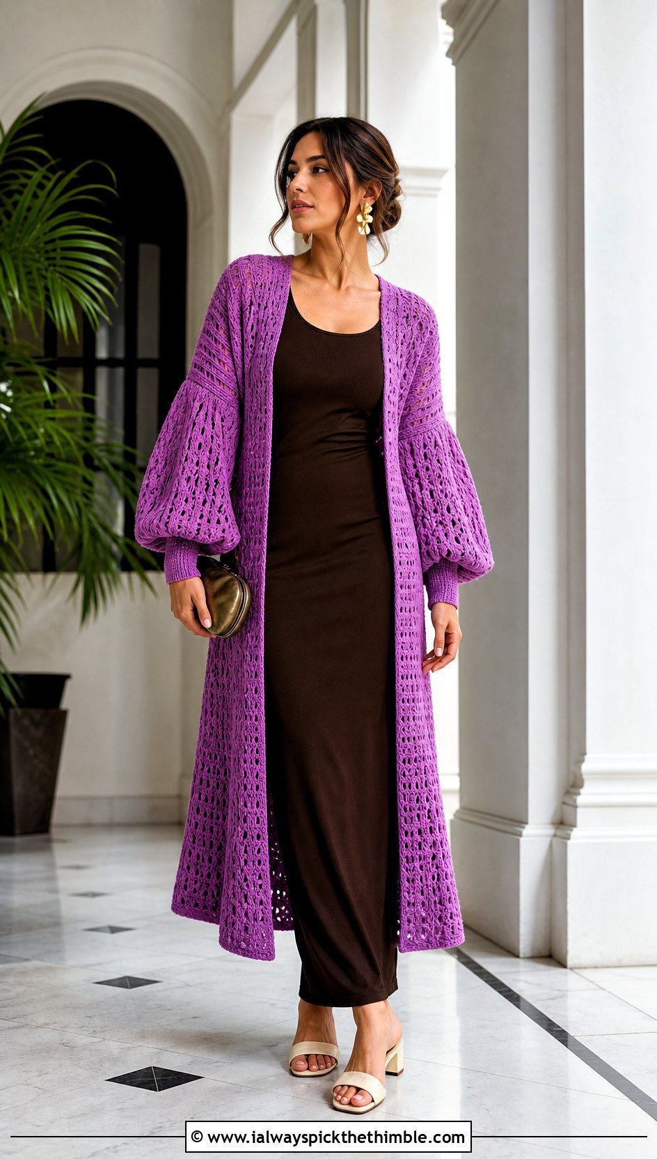 Balloon Sleeve Crochet Duster With Column Dress - 25 crochet long jacket outfit ideas