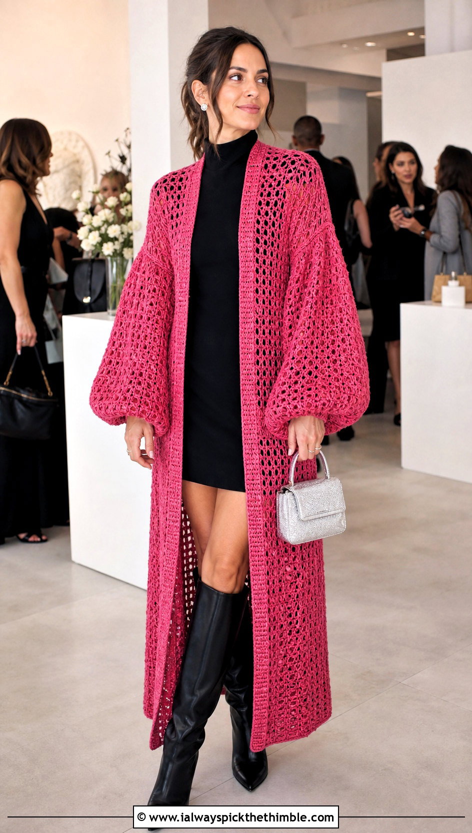 Balloon Sleeve Crochet Duster With Mini Dress - 20 crochet long cardigan sweater coats outfit ideas