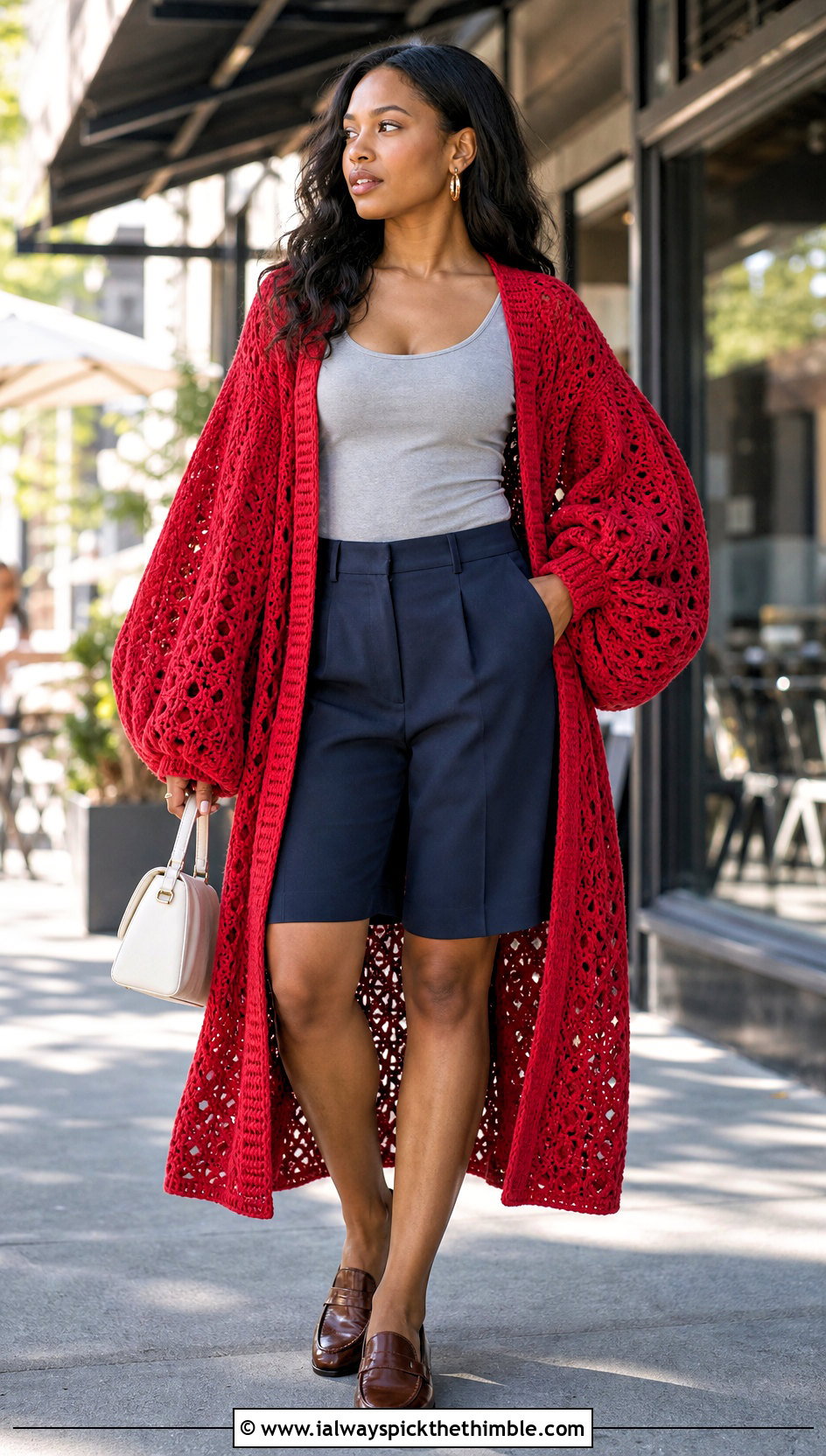 Balloon Sleeve Crochet Duster With Tailored Shorts - 25 crochet long cardigan outfit ideas