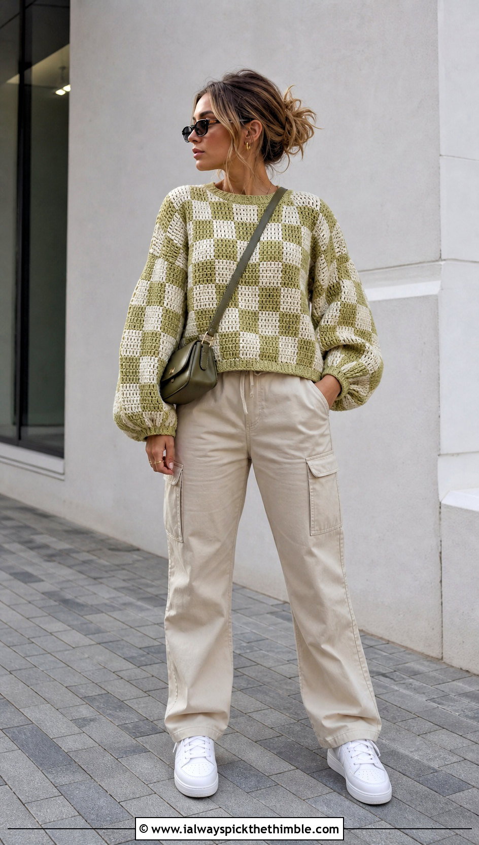 Balloon Sleeve Crochet Gingham Sweater With Cargo Pants - 20 Crochet Gingham Sweater outfit ideas