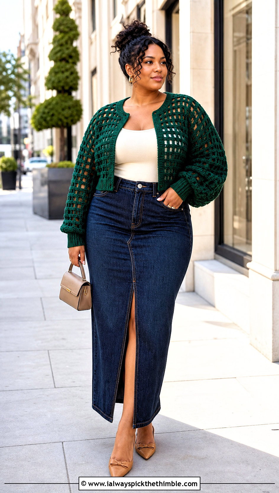Balloon Sleeve Crochet Grid Sweater With Denim Maxi Skirt - 20 crochet grid sweater outfit ideas