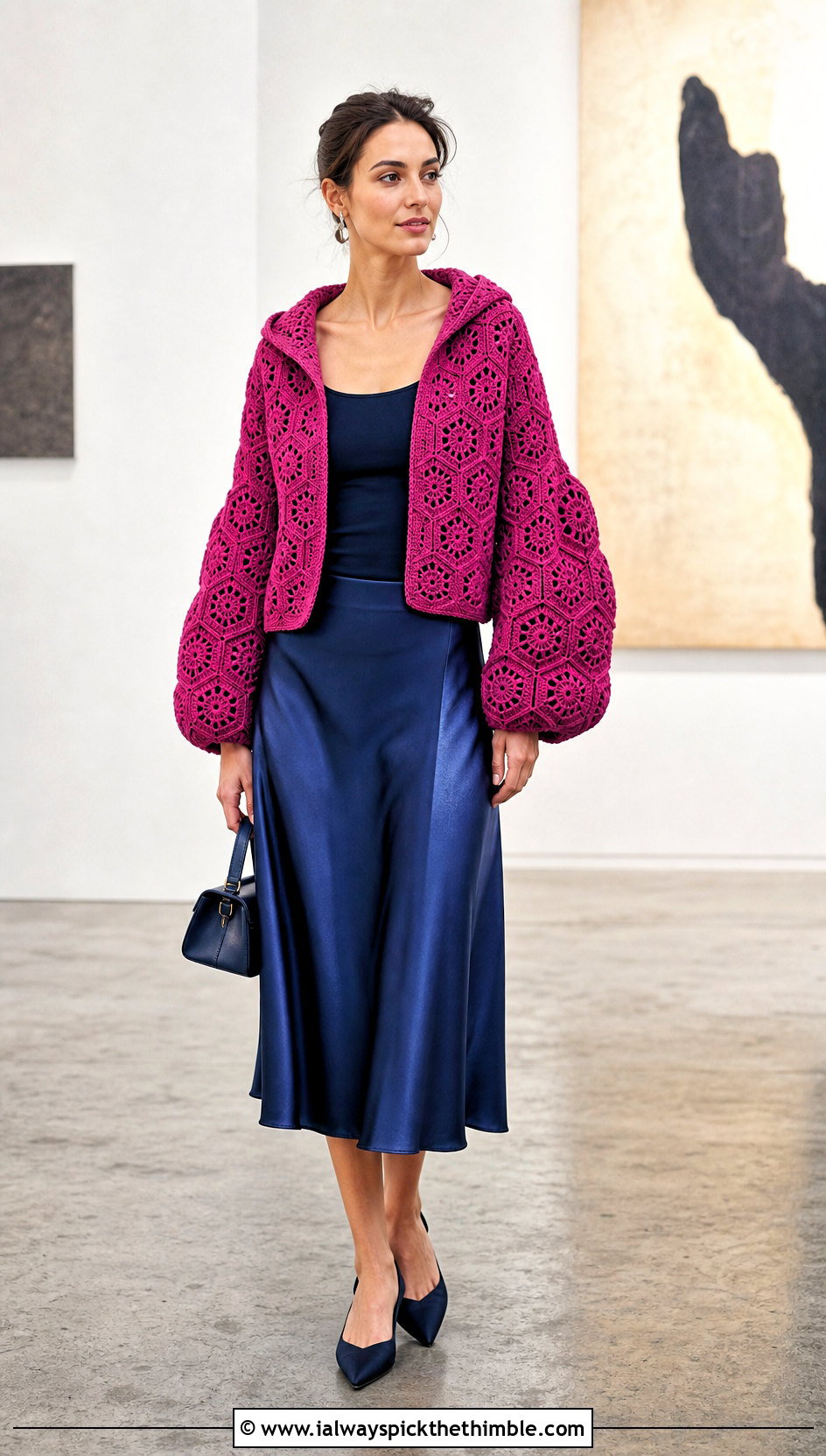 Balloon Sleeve Crochet Hexagon Hoodie With Satin Skirt - 20 crochet hexagon hoodie outfit ideas