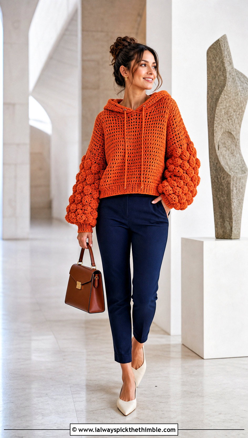 Balloon Sleeve Crochet Hooded Sweater With Slim Pants - 20 crochet hooded sweater outfit ideas