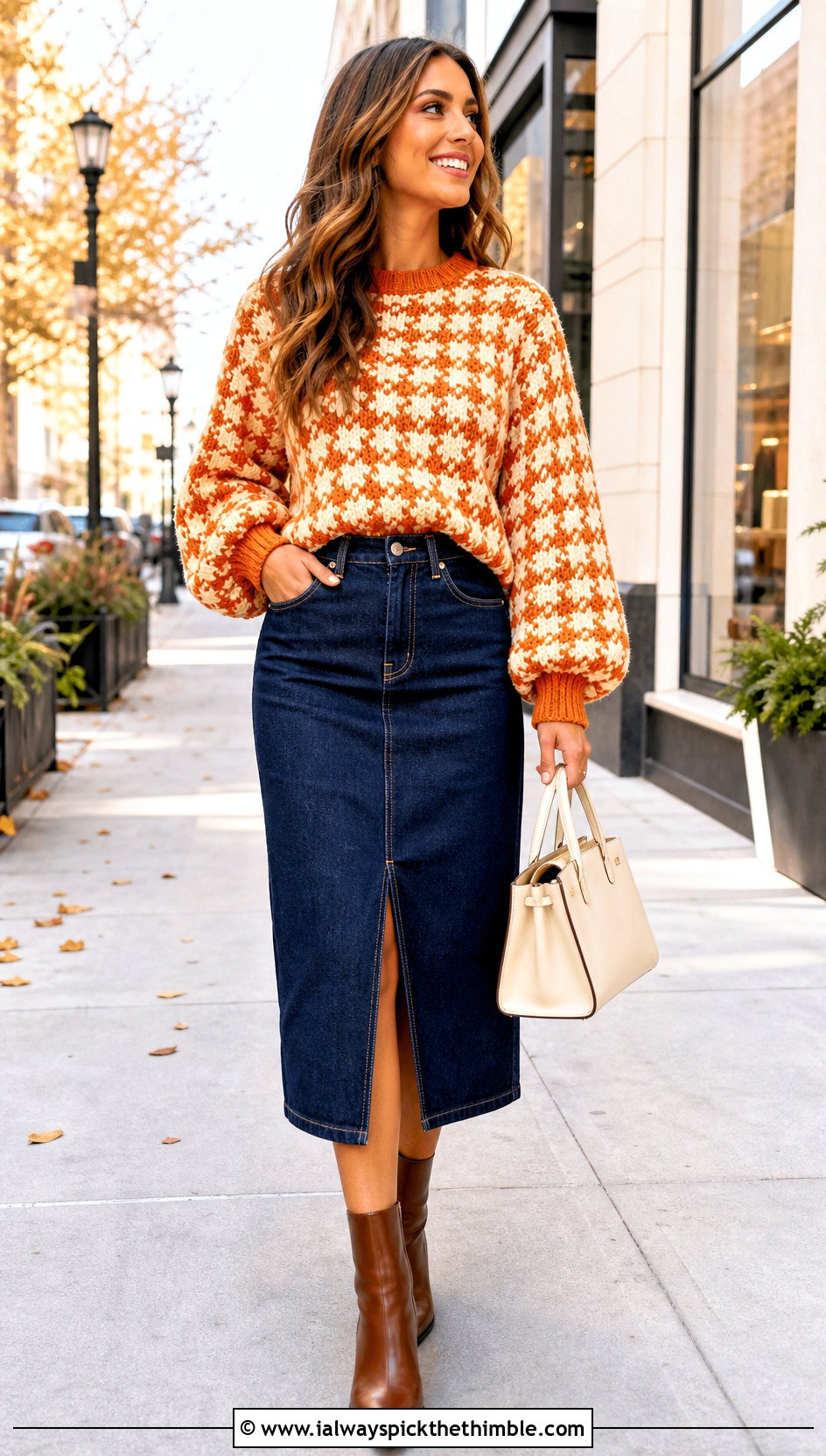Balloon Sleeve Crochet Houndstooth Sweater With Denim Midi Skirt - 25 crochet houndstooth sweater outfit ideas
