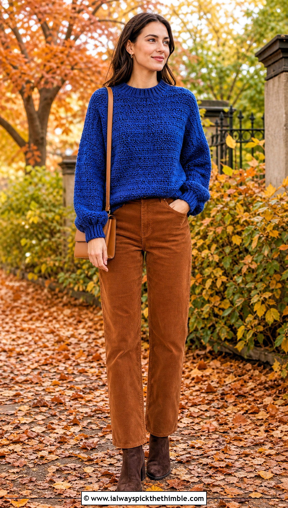 Balloon Sleeve Crochet Jumper With Corduroy Trousers - 20 simple crochet jumper outfit ideas