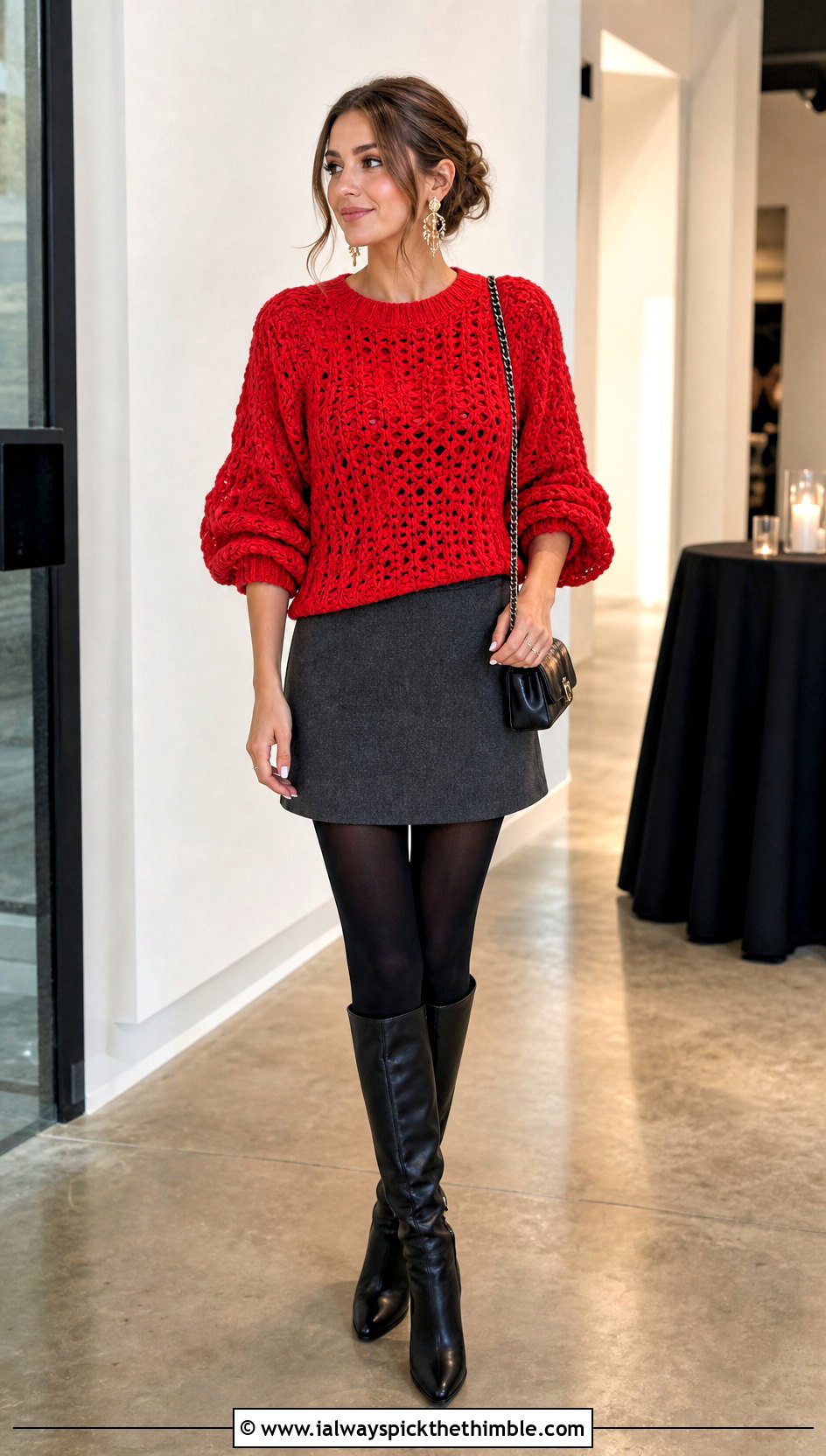 Balloon Sleeve Crochet Jumper With Mini Skirt - 20 Beginner Crochet Jumper outfit ideas
