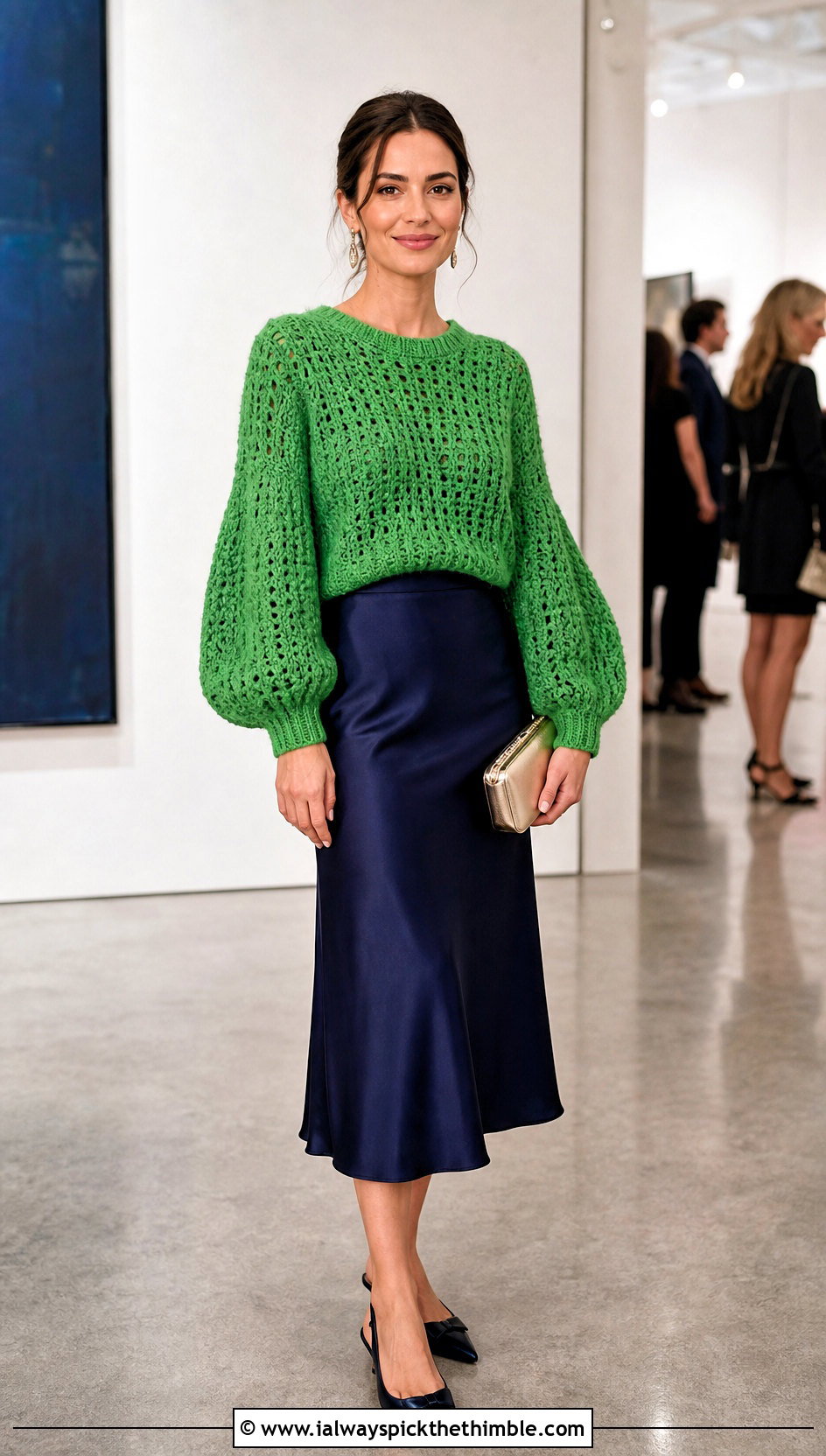 Balloon Sleeve Crochet Jumper With Satin Midi Skirt - 20 Cute Crochet Jumper outfit ideas