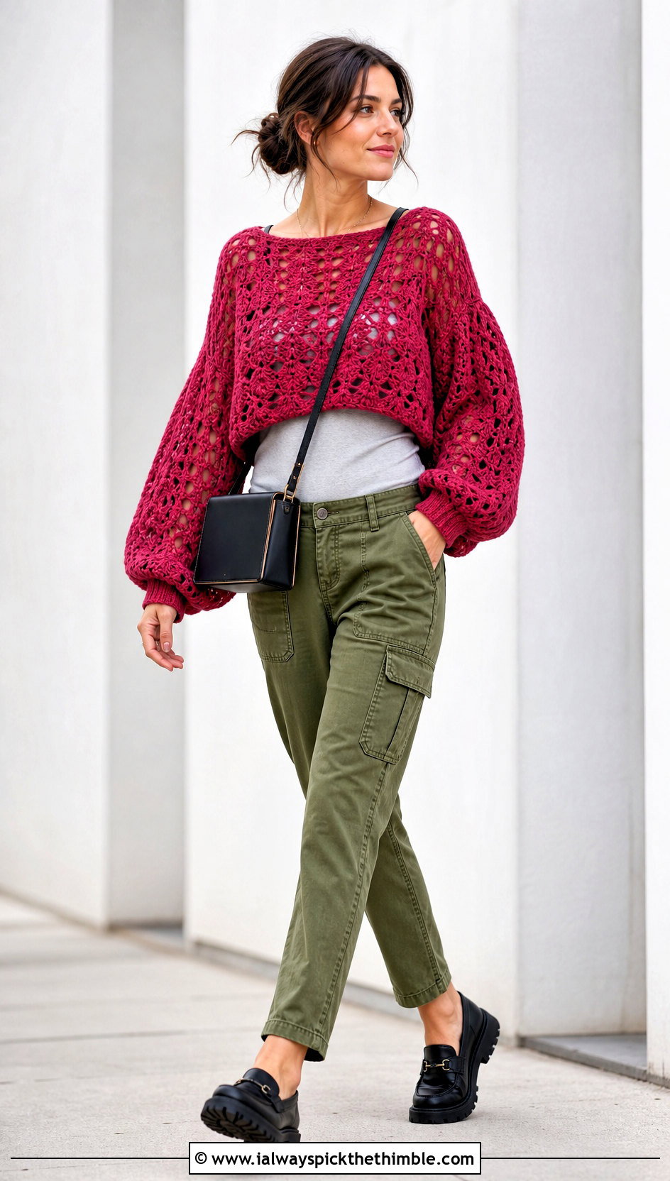 Balloon Sleeve Crochet Lace Sweater With Utility Pants - 25 crochet lace sweater outfit ideas