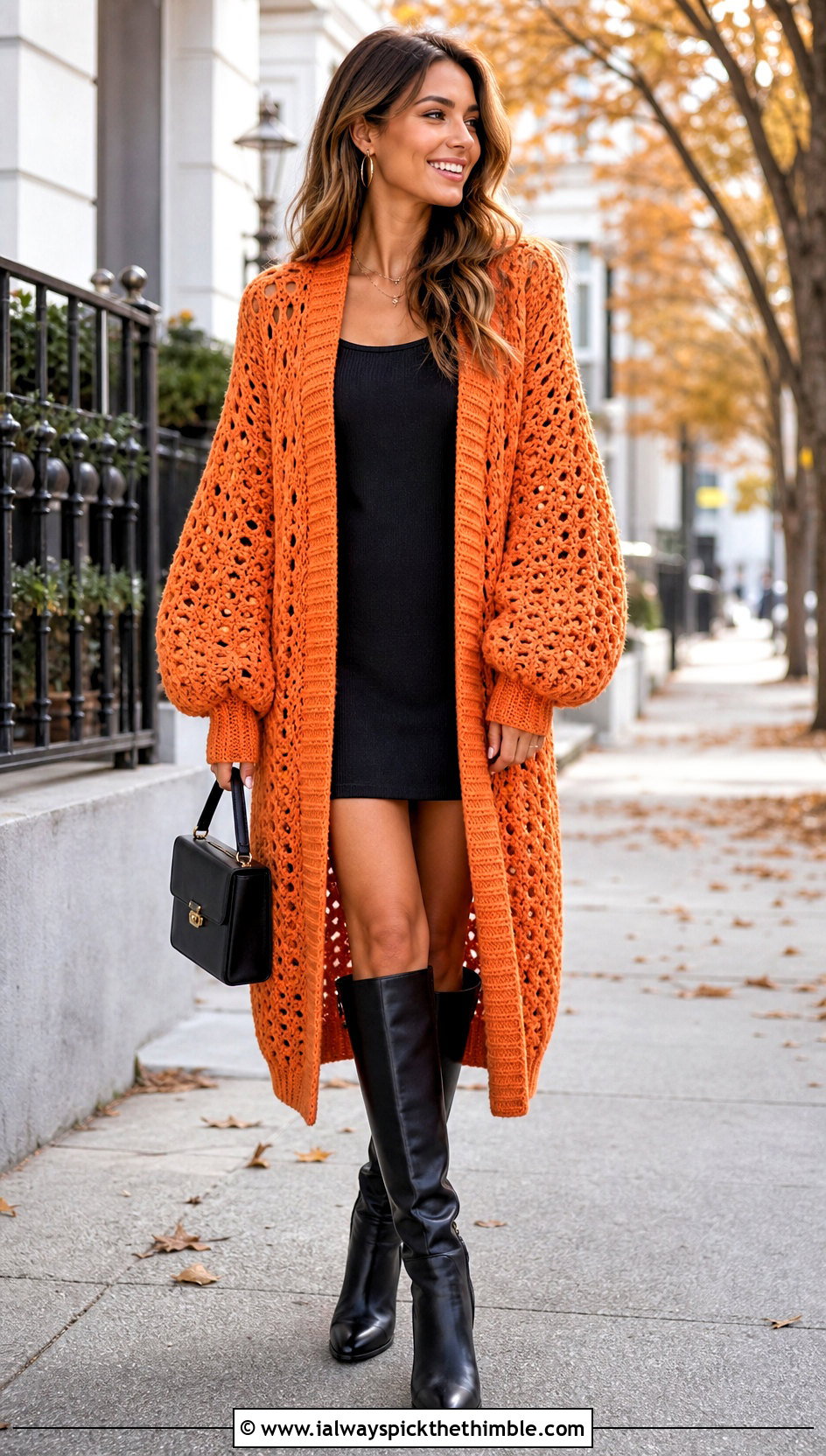 Balloon Sleeve Crochet Long Cardigan With Mini Dress - 20 Easy Crochet Long Cardigan outfit ideas
