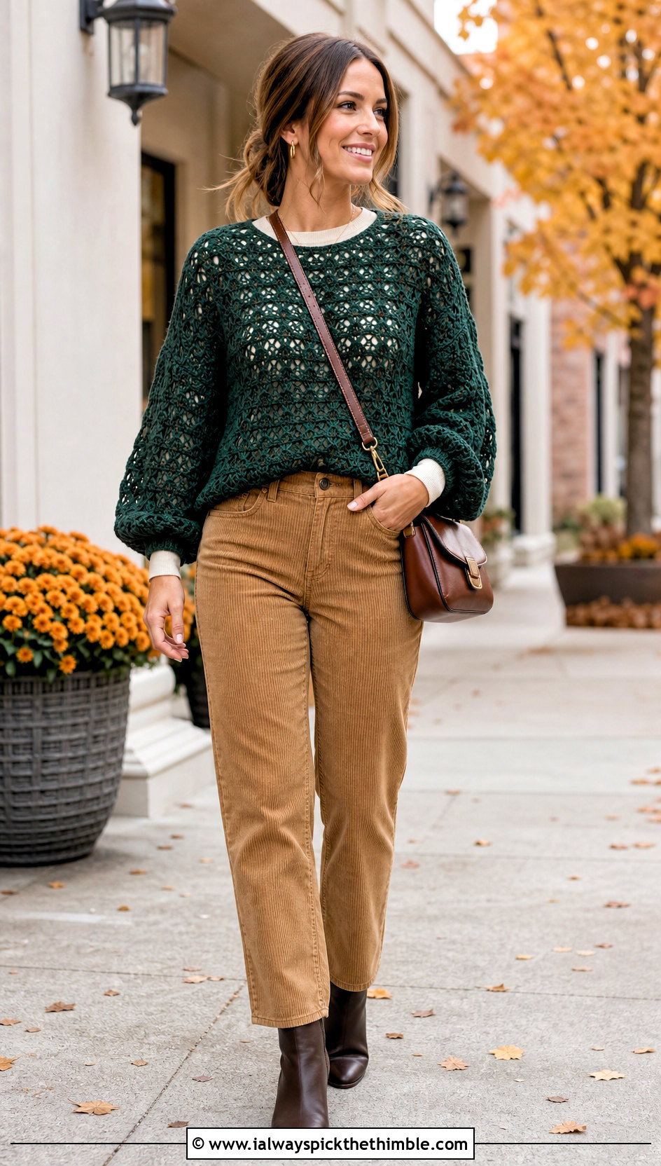 Balloon Sleeve Crochet Long Sleeve Top With Corduroy Pants - 20 Easy Crochet Long Sleeve Top outfit ideas