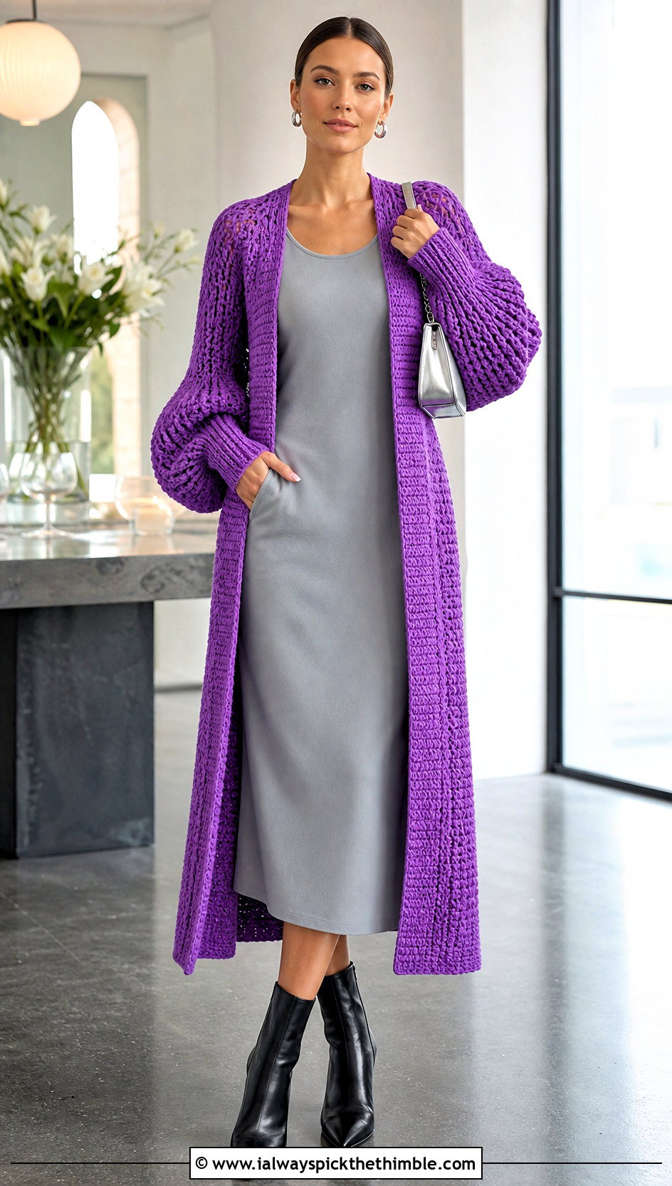 Balloon Sleeve Crochet Longline Cardigan With Column Dress - 20 Crochet Longline Cardigan outfit ideas