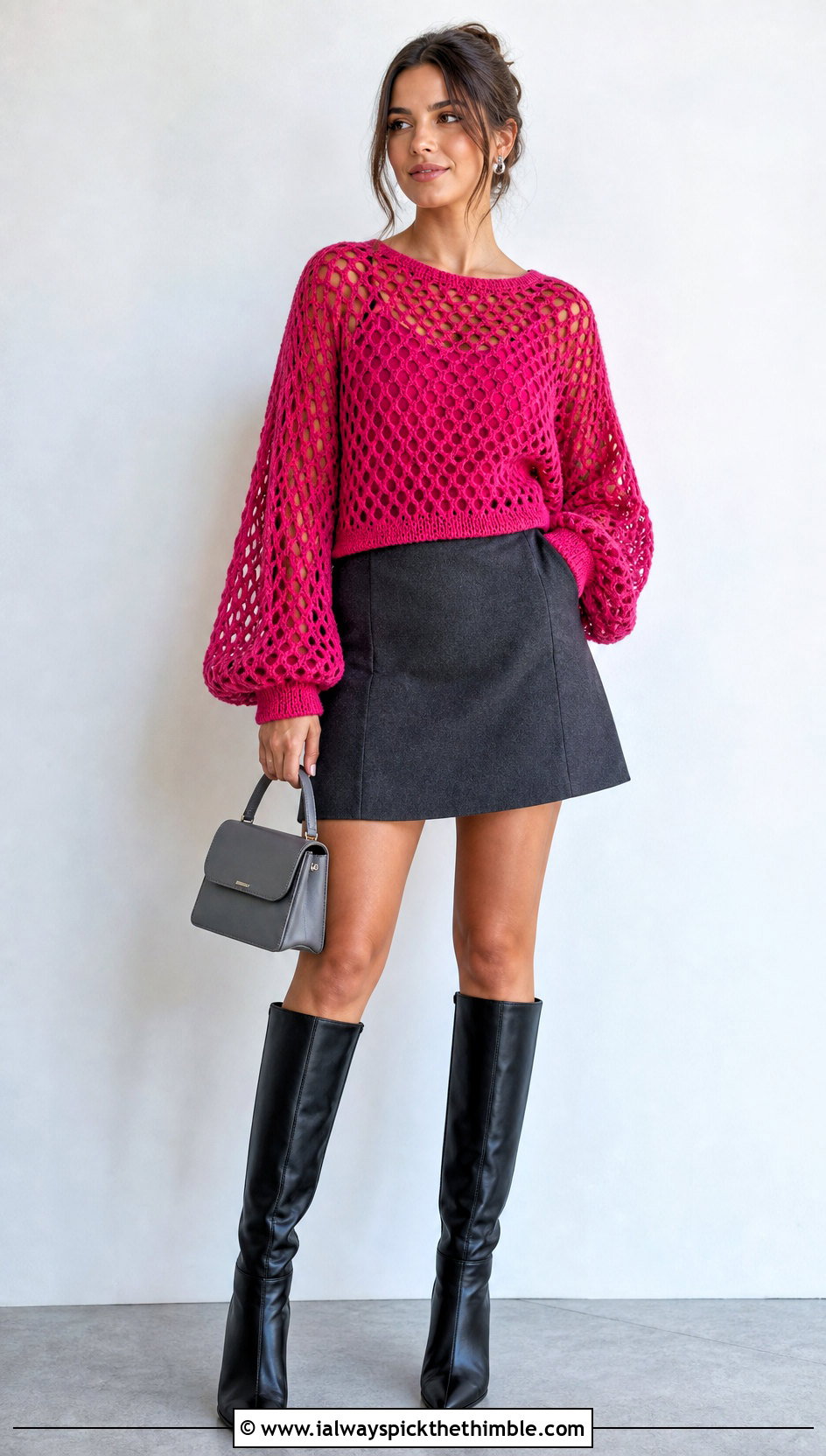 Balloon Sleeve Crochet Mesh Pullover With Mini Skirt - 20 Crochet Mesh Pullover outfit ideas