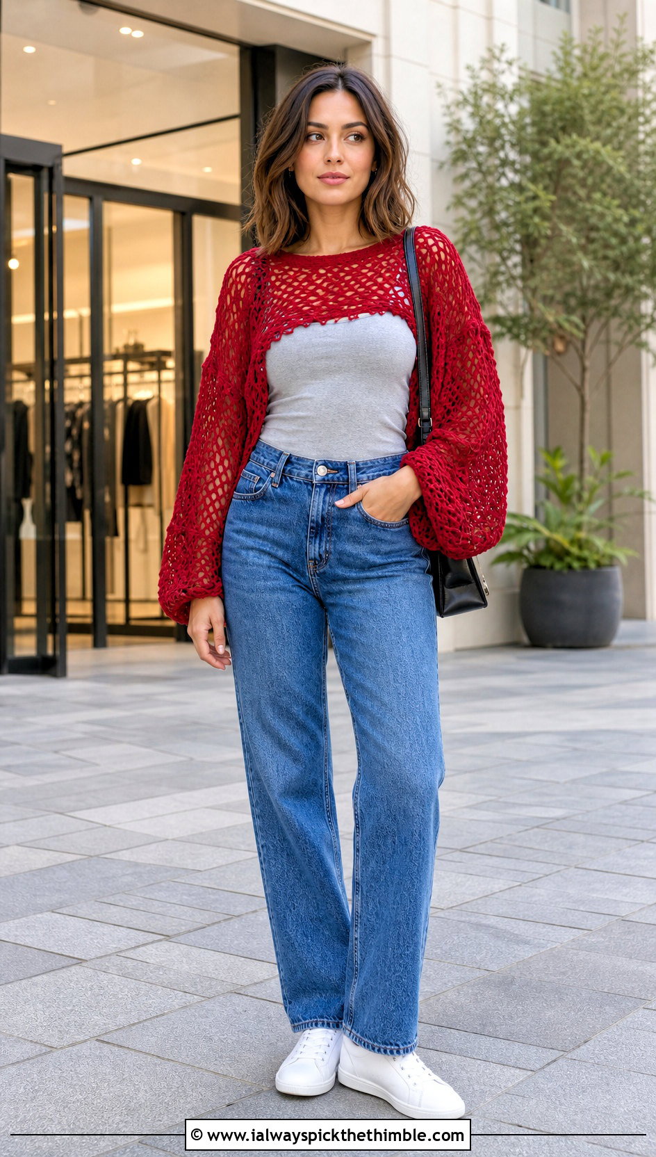 Balloon Sleeve Crochet Mesh Top With Straight Jeans - 20 crochet mesh sleeve top outfit ideas