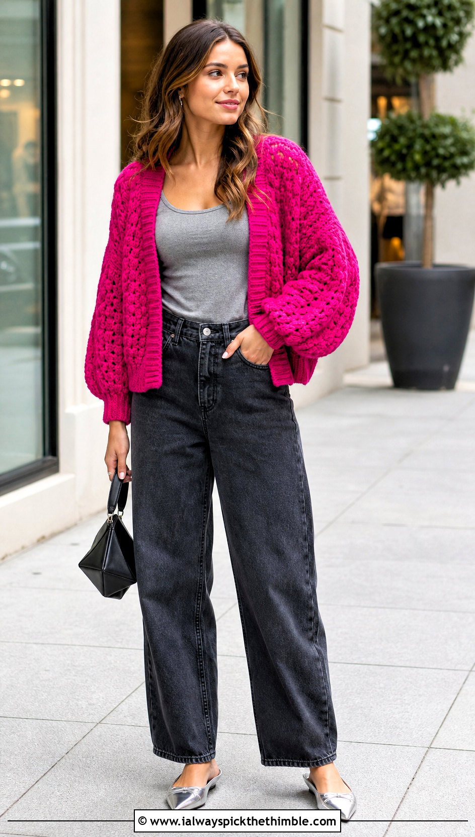 Balloon Sleeve Crochet One Piece Cardigan With Barrel Jeans - 20 crochet one piece cardigan outfit ideas