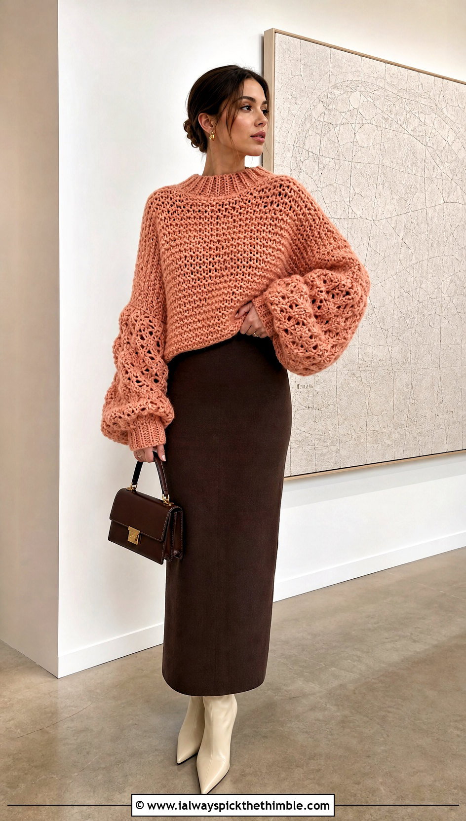 Balloon Sleeve Crochet Oversized Sweater With Column Skirt - 20 Easy Crochet Oversized Sweater outfit ideas