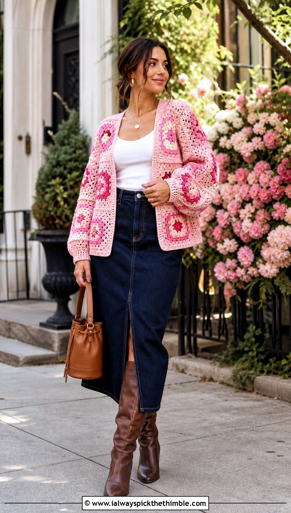 Balloon Sleeve Crochet Patchwork Cardigan With Denim Midi Skirt - 25 crochet patchwork cardigan outfit ideas