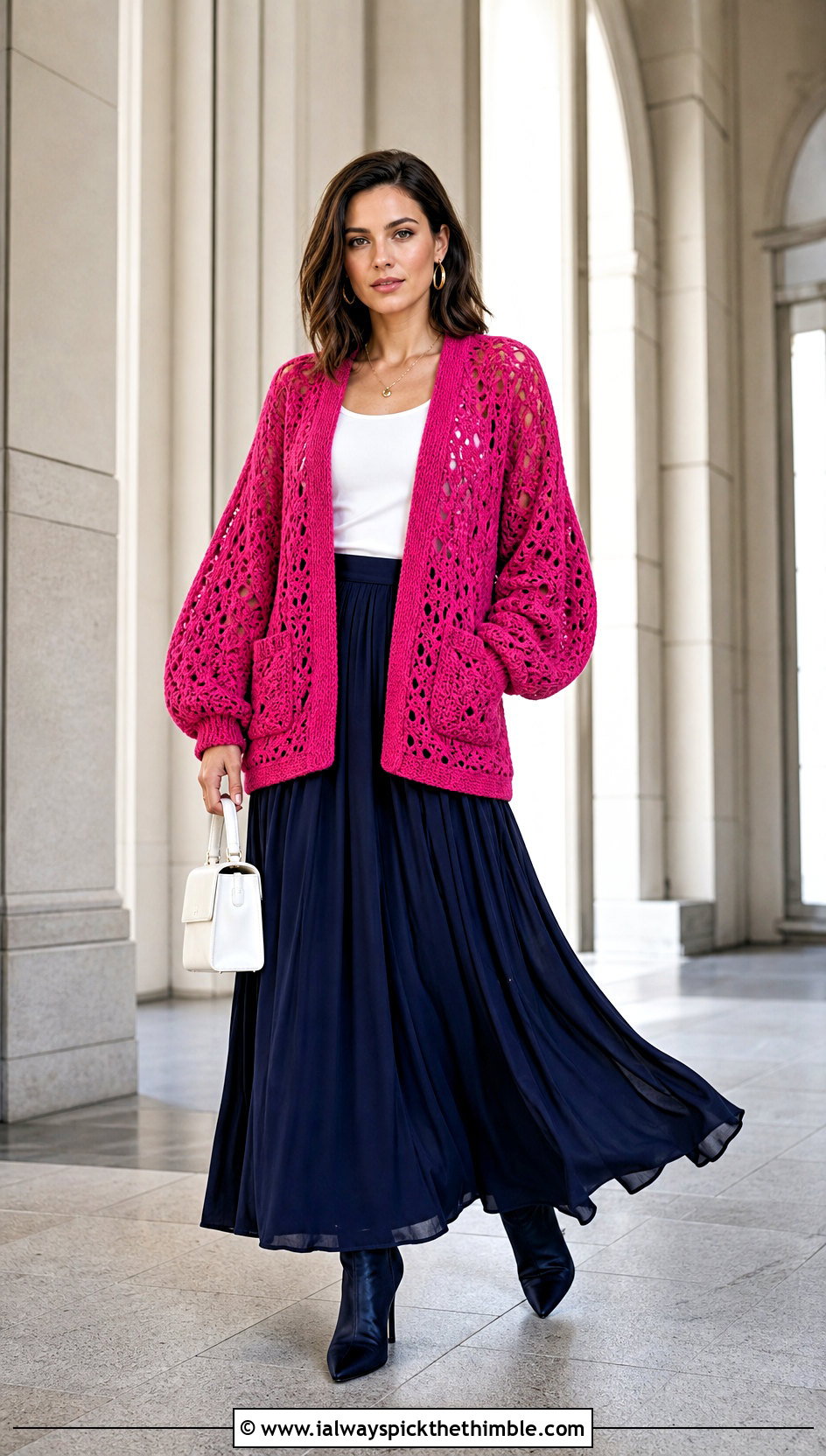 Balloon Sleeve Crochet Pocket Cardigan With Maxi Skirt - 20 crochet sweater with pockets outfit ideas