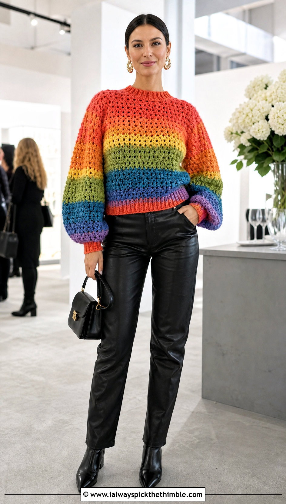 Balloon Sleeve Crochet Rainbow Sweater With Leather Pants - 20 Crochet Rainbow Sweater outfit ideas